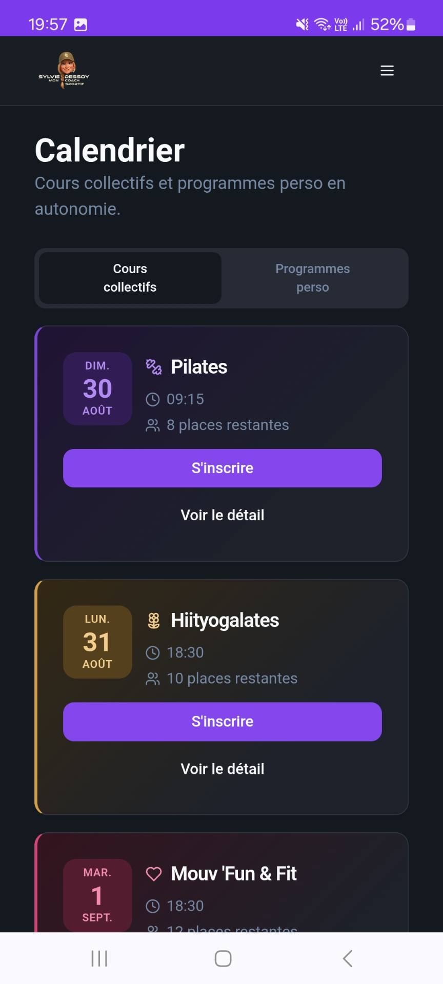 Capture d'écran de l'application CoachingSyl : calendrier des cours collectifs